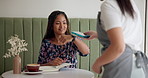Happy woman, customer or smart watch with pos machine at cafe for purchase, drink or wireless transaction. Female person, waitress and wristwatch for contactless, NFC or remote payment at coffee shop