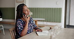Freelancer, woman and phone call with notebook in cafe for article questions, source interview or editor feedback. Journalist, remote work and african person with discussion for story review and news