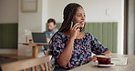 Entrepreneur, woman or phone call with notebook in cafe for interview schedule, article information or story feedback. Remote work, journalist or talking to contact in coffee shop for blog discussion