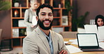 Smile, office and face of man in meeting at finance agency with confidence, laptop and screen. About us, risk management and happy businessman with computer, support and team workshop for investment