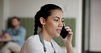Coffee shop, waitress and woman on a phone call talking for order stock, products and online inventory. Restaurant, cafeteria and business owner on smartphone for contact, communication and chat
