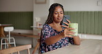 Cafe, phone and woman with picture of green tea for social media post, online chat or content creation. Blog update, photography and influencer in coffee shop with matcha drink, smartphone and smile
