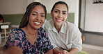 Happy women, friends and face with selfie at cafe for social media, get together or photography. Portrait, female people or friendship with expressions for picture, memory or moment at coffee shop
