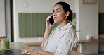 Entrepreneur, woman or phone call with laptop in restaurant for news feedback, blog information and discussion. Remote work, journalist or talking to contact in cafe for article quote and networking