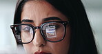 Reflection, eye care and woman with glasses, business and writer with tech for research and online. Office, vision and person with prescription eyewear, scroll and review of article with eyesight