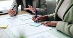 Collaboration, hands and stick notes with business people in office for review of data or report. Graphs, information and writing with employee team at work for financial advice or feedback closeup