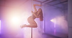 Pole dancing, club and smoke with woman in studio for burlesque, stage choreography and performance. Music, dancer practice and performer with person and light for artist, fitness and confidence