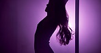 Woman, club and pole in silhouette for dance, exotic performance or seduction in spotlight. Purple neon, aesthetic and performer in shadow with burlesque dancer, stage light or space in private venue