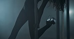 Dark, stage and exotic dance with woman on pole for sensual art, performance and movement. Body, sexy person and burlesque dancer with seductive spin, confidence and lingerie show at night club