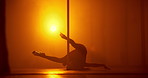 Woman, exotic dancer and silhouette at club on stage, flexible and creative with body for concert at night. Person, dance and movement by pole for private show, performance or fantasy with mystery
