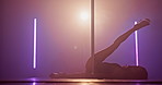 Pole dancing, dancer and silhouette of woman in club for performance, talent and choreography. Creativity, artist and person with neon, lights and sensual show for confidence, burlesque and routine