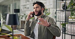Man, phone call and explanation in office with discussion for project management at web design company. Person, laptop and talk with agreement, review and feedback negotiation at creative agency