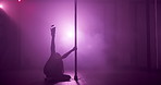 Exotic, dancing and flexibility in nightclub, pole and dancer with balance for show, talent and career. Performance, artist and person with elegance for event, silhouette and performer with outfit