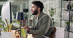 Creative, employee and man with computer, office and video editor with tech for production and online. Happy, editing and person with software for content creation, productivity and smile for project