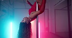 Pole dancing, sexy and neon with woman in club for exotic performance, light and burlesque. Stage choreography, artist and dancer with person in studio for nightclub, entertainment and music