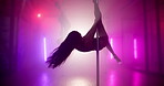 Pole dancing, strobe light and neon with women in club for exotic performance, sexy and burlesque. Stage choreography, artist and dancer with people in studio for nightclub, entertainment and music