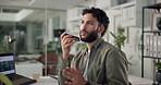 Man, voice note and recording in office with discussion for project management at web design company. Person, smartphone and talk with agreement, review and feedback negotiation at creative agency