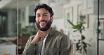 Creative, happy and face of business man in office with confidence, pride and smile for career. Web designer, professional and portrait of person by computer for ux, graphic design and online project