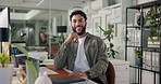 Face, business and man at desk, smile and confidence with career ambition, break and pride. Portrait, professional or sales consultant in modern office, about us or happiness with project development