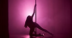 Pole dancing, pink and silhouette of woman in club for performance, talent and choreography. Creativity, aesthetic  and person with neon, lights and sensual for confidence, burlesque or entertainment