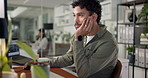 Computer, depression and design with business man at desk in office for deadline or problem solving. Boredom, burnout and tired with designer employee in creative workplace for online research