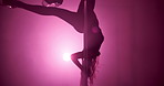 Pole dancing, dancer and silhouette of woman spin for performance, entertainment and choreography. Creativity, artist and person with neon, lights and sensual for confidence, burlesque and routine