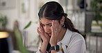 Stress, headache and businesswoman in office with burnout, fatigue or exhaustion for brain fog. Sick, migraine and female corporate attorney with pain, pressure and temple massage in workplace.