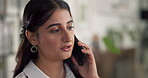 Woman, phone call and discussion in office with negotiation for project management at web design company. Person, smartphone and smile with thinking, review and planning feedback at creative agency