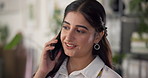 Woman, phone call and negotiation in office with discussion for project management at web design company. Person, smartphone and smile with thinking, review and planning feedback at creative agency