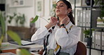 Business woman, tired and neck pain with stress for deadline, pressure or muscle tension in office. Massage, female person or employee with injury, sore ache or inflammation fatigue at workplace