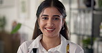 Face, business and woman in office, creative and professional with sales consultant. Portrait, smile and employee in workplace, confidence and career ambition with ad agency and project development