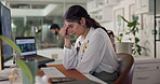 Business woman, headache and computer with burnout, tired and frustrated with project or anxiety in workplace. Person, fatigue or consultant with migraine for stress, brain fog or dizzy with crisis
