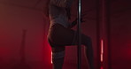 Exotic, dancer and performance with pole, woman and dancing with balance for show, talent or career. Flexible, artist and person with elegance for event, active or performer with outfit for nightclub