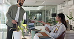 People, document and computer in office with discussion, project feedback and explain report. Startup team, tech and meeting in eco company with business proposal for sustainable development goals