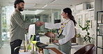 Handshake, partnership and business people in office, smile and agreement with cooperation. Employees, coworking and collaboration with thank you, shaking hands and meeting with b2b deal and contract