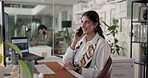 Woman, phone call and smile in office with discussion for project management at web design company. Person, smartphone and happy with agreement, review and feedback negotiation at creative agency