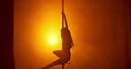 Dancer, sexy and silhouette with woman in studio for burlesque, stage choreography and performance. Neon, pole dancing practice and sensual with person and light for artist, fitness and confidence