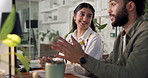 Computer, web design and business people in meeting for planning, strategy and discussion for project. Professional, creative agency and man and woman on pc for teamwork, collaboration and feedback