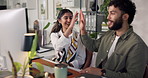 Computer, high five and happy business people in meeting for planning, strategy and success for project. Celebrate, web design agency and man and woman on pc for teamwork, collaboration and feedback