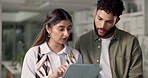 Tablet, team and online with business people in office for creative campaign, advice and feedback. Communication, web consultant and project kpi with employees in startup agency for planning