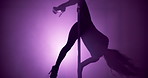 Pole dancing, dancer and shadow of woman in club for performance, talent and choreography. Creativity, artist and person with neon, lights and sensual show for confidence, burlesque and entertainment