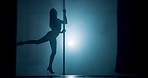 Pole dancing, club and silhouette of woman in studio for burlesque, stage choreography and performance. Neon, dancer practice and sensual with person and light for artist, fitness and confidence