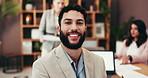 Smile, office and face of businessman in meeting at finance agency with confidence, laptop and screen. About us, risk management and happy man with computer, support and team workshop for investment