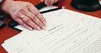 Sign, partnership and hands of business people with documents for deal, legal contract and b2b agreement. Corporate, professional and workers with signature on paperwork for contract and onboarding
