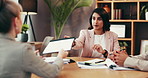 Business people, job interview and contract with hiring, conversation and negotiation. Employees, human resource management and candidate in workplace, meeting and discussion with recruitment or talk