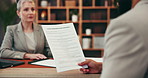 Documents, legal consultant and business people in office for discussion, meeting and advice. Professional, representative and lawyer with paperwork for woman for feedback, agreement and partnership