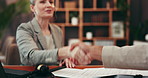 Partner, contract and businesswoman with handshake in meeting for corporate deal, negotiation or agreement. Stakeholders, collaboration and people shaking hands for merger, project approval or offer