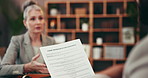 Documents, legal consultant and business people in discussion, meeting and advice for case. Office, court representative and lawyer with paperwork for woman for feedback, settlement and agreement