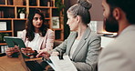 Meeting, documents and business people in office on laptop for legal consulting, case review and strategy. Teamwork, attorney and men and women with paperwork for discussion, agreement and planning