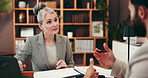 Documents, consultant and business people in office for meeting, discussion and legal advice. Professional, representative and man with paperwork for woman for feedback, agreement and partnership